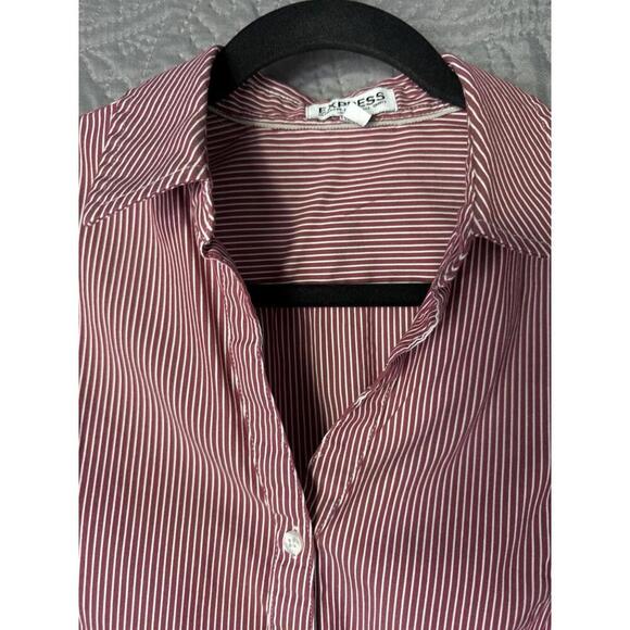 Express Women's Shirt Button Up Red White Striped V-Neck Stretch Classic Top M - Picture 4 of 9